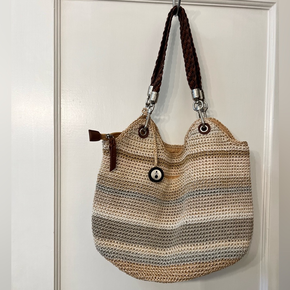 COPY - THE SAK SHOULDER BAG CROCHET KNIT NEUTRAL TONES W/BRAIDED STRAPS - GENTL…